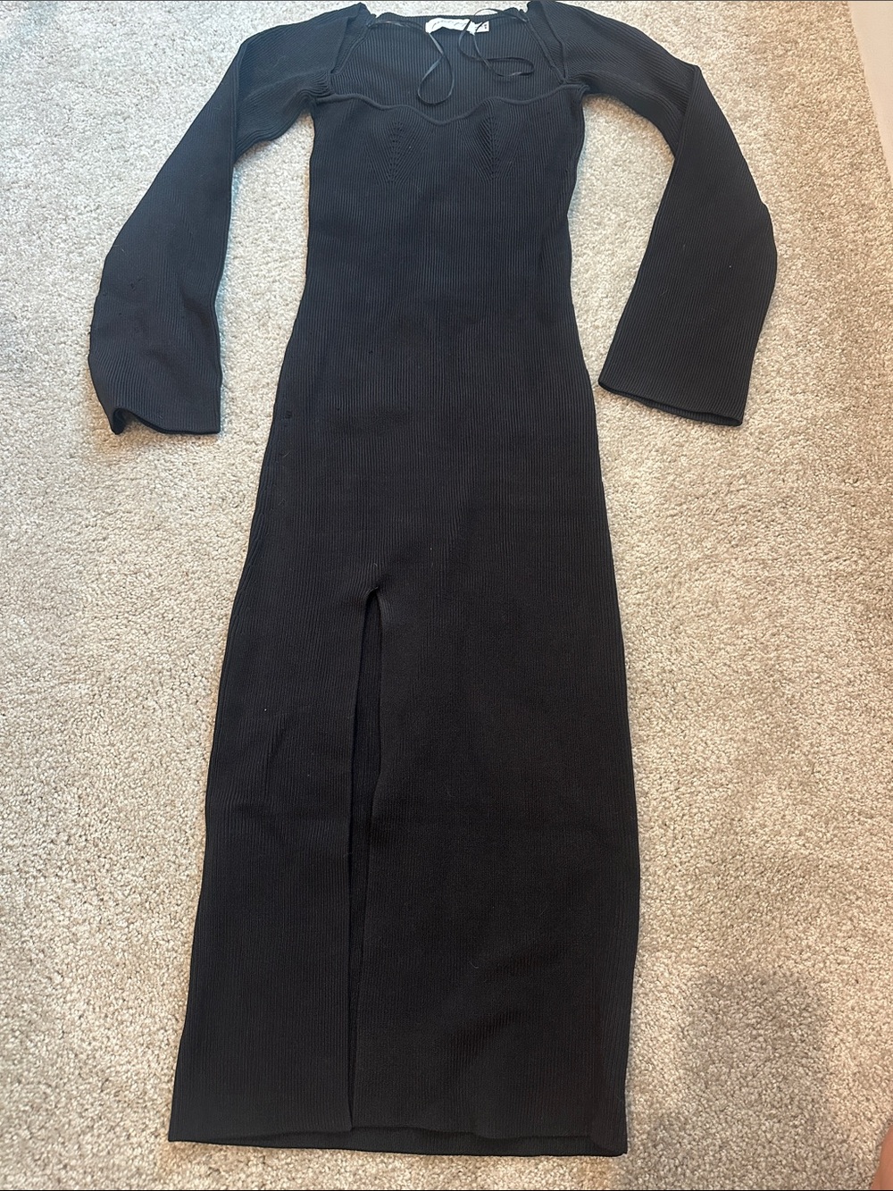 Petal & Pup Black Ribbed Long-Sleeve Midi Dress with Front Slit